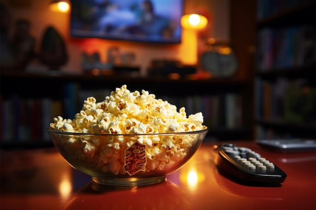 Tazón lleno de palomitas de maíz para la noche y un televisor que funciona a la vista