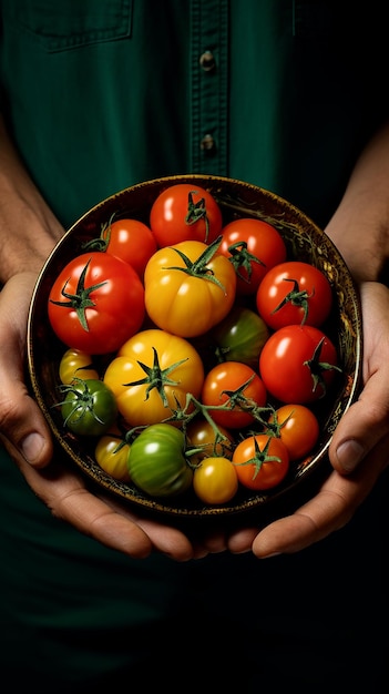 Un tazón lleno de tomates a la mano