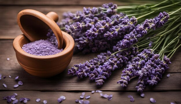 un tazón de madera con lavanda en él y un tazó de madera con un tazo de lavanda