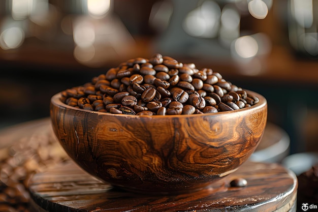 Un tazón de madera lleno de granos de café en la parte superior de una mesa