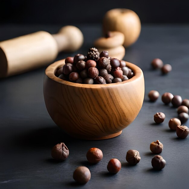 Un tazón de madera de nueces se sienta sobre una mesa con un rodillo en el fondo.