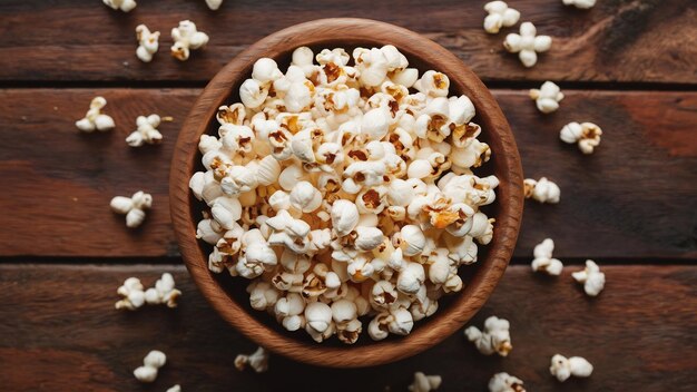 Foto un tazón de madera con semillas de palomitas de maíz en una mesa de madera