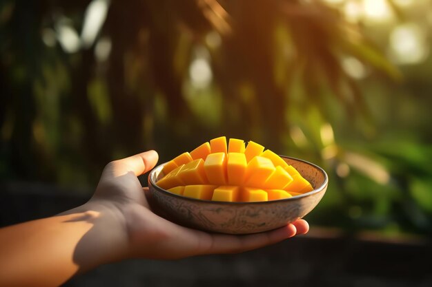 Foto un tazón de mangos se sostiene en la mano de alguien.