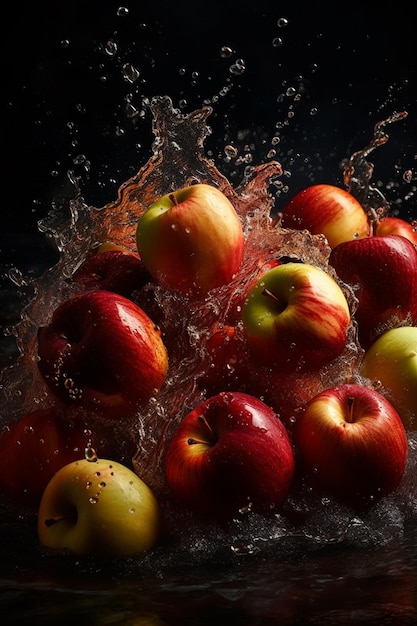 Un tazón de manzanas con agua salpicando alrededor