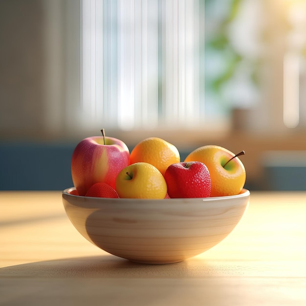 Un tazón de manzanas está sobre una mesa con una ventana detrás.