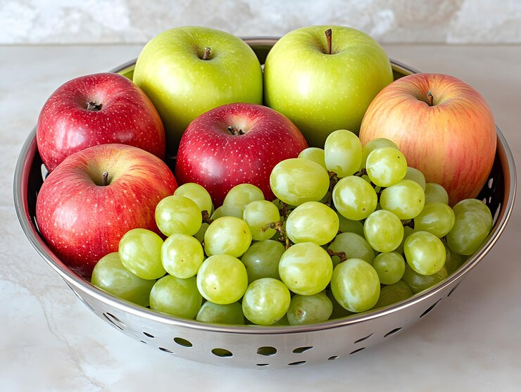 un tazón de manzanas manzanas y un tazó de uvas verdes