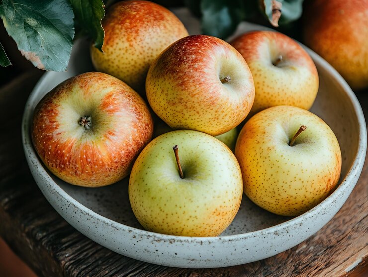 un tazón de manzanas con un pequeño tallo en la parte superior