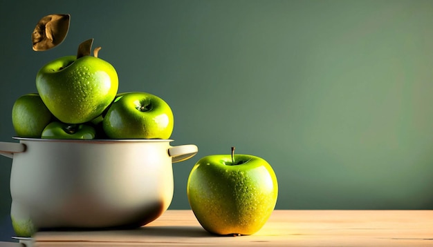 Un tazón de manzanas verdes se sienta en una mesa al lado de una manzana verde.