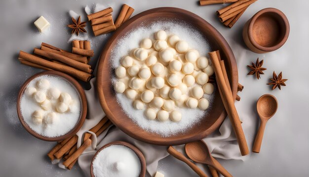 un tazón de marshmallows con marshmallow y palitos de canela