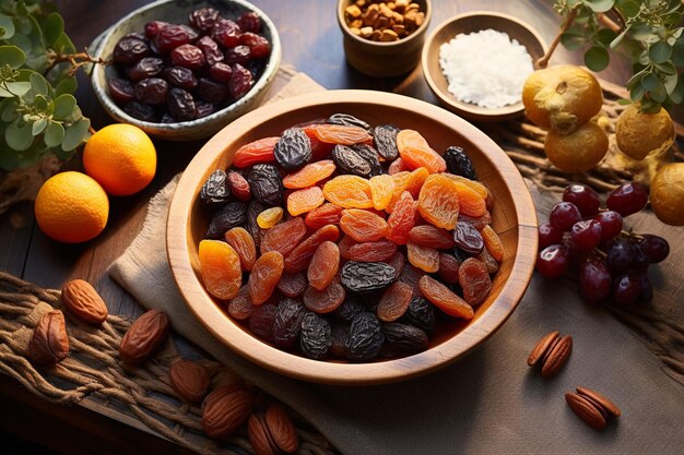 Foto un tazón de nueces y almendras con un tazó de almendras y otros alimentos