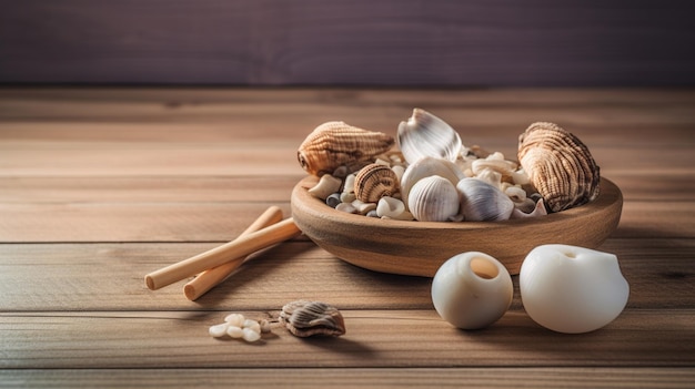 Un tazón de nueces y conchas en una mesa de madera