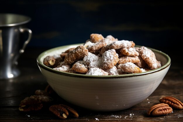 Un tazón de nueces confitadas recubiertas de azúcar de canela