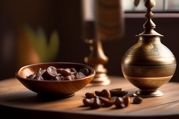 Un tazón de nueces se sienta en una mesa al lado de un jarrón con una vela en el fondo.