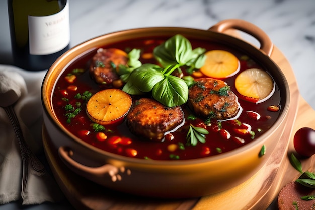 Un tazón de Ossobuco italiano con carne y hojas de albahaca encima y una botella de vino al fondo