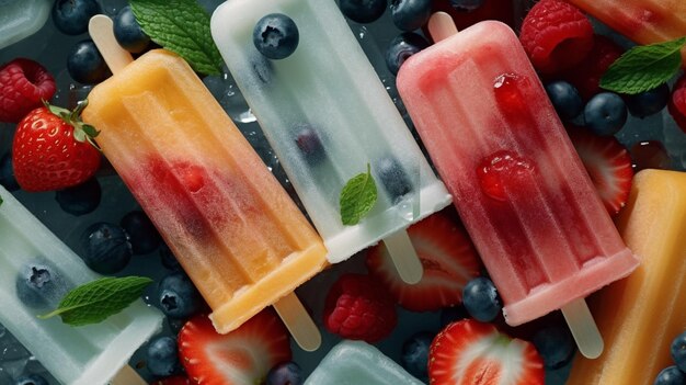 Foto un tazón de paletas de colores con arándanos y fresas encima