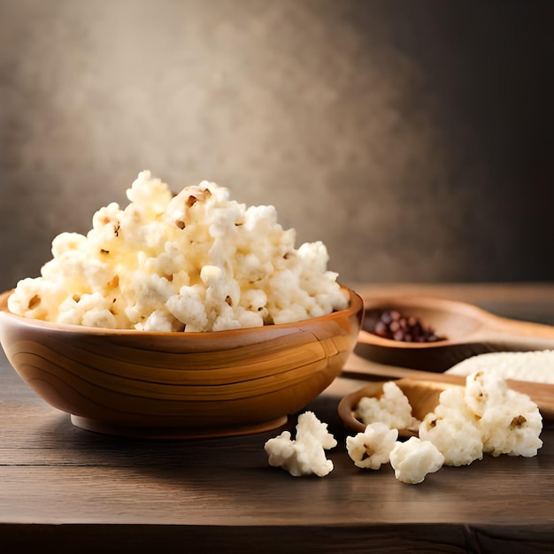 Un tazón de palomitas de maíz con una cuchara de madera al lado.