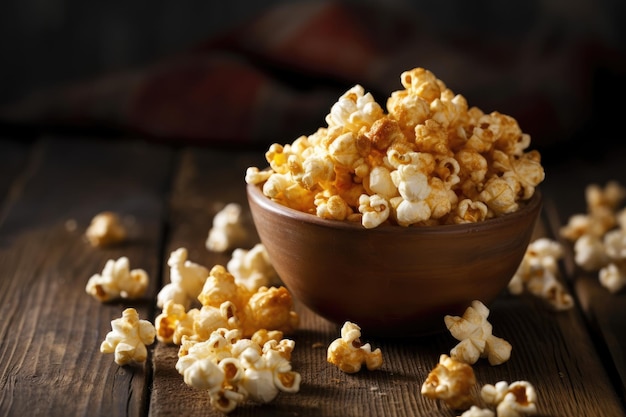 Un tazón de palomitas de maíz en una mesa de madera