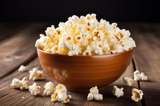 Un tazón de palomitas de maíz en una mesa de madera