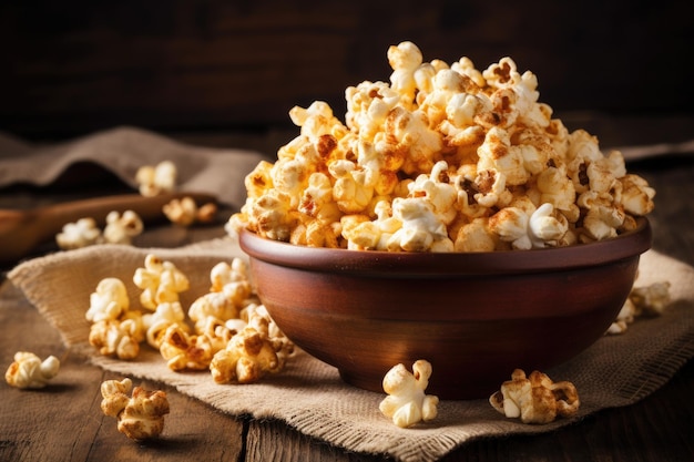 Un tazón de palomitas de maíz en una mesa