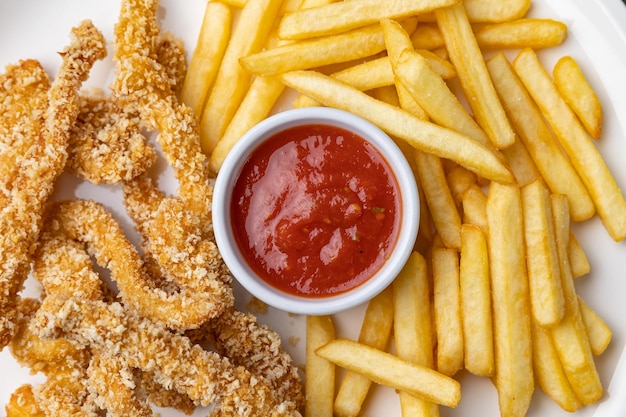 Un tazón de papas fritas y un tazón de salsa de tomate