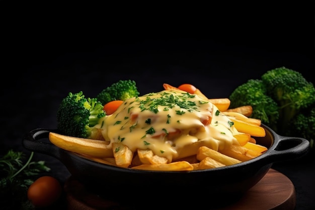 Un tazón de papas fritas con un trozo de brócoli encima