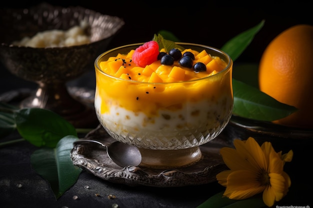 Un tazón de papilla de mango y coco con una calabaza al lado.