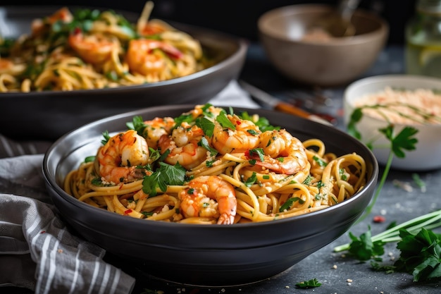 Tazón de pasta de camarones picantes con muchas hierbas frescas y ajo