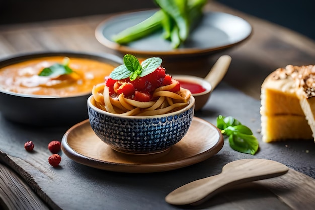 un tazón de pasta con una cuchara y cucharas con una cucharada en él.