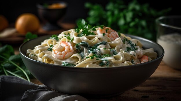 Un tazón de pasta con gambas y perejil encima