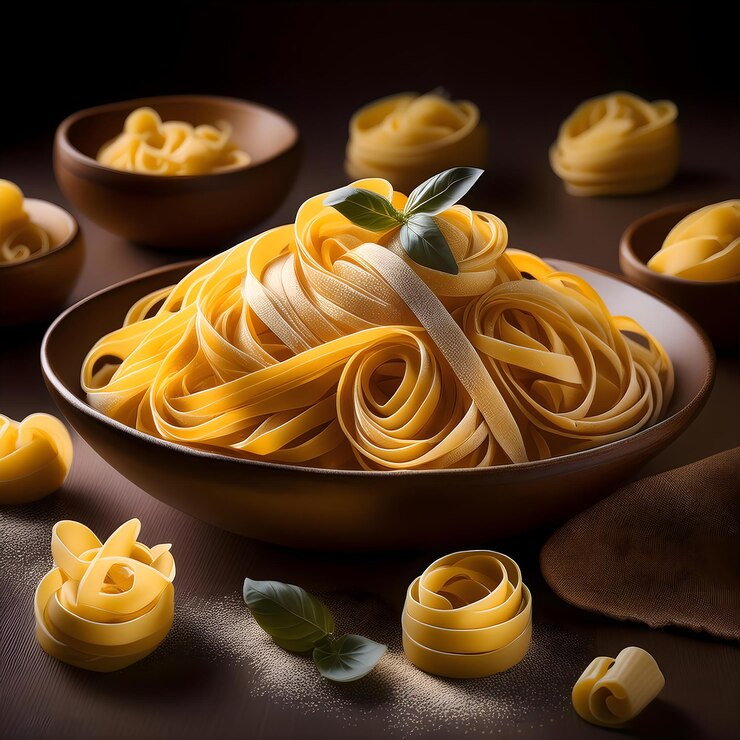Un tazón de pasta con hojas verdes.