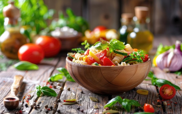 Un tazón de Pasta Primavera en el fondo tradicional de Italia generado por alimentos profesionales