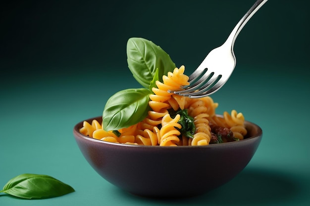 Un tazón de pasta con un tenedor se rocía con albahaca.