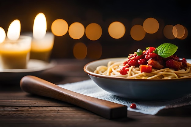 un tazón de pasta con una vela en el fondo