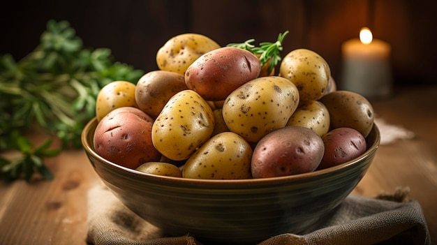 Tazón de patatas frescas variadas con romero sobre una mesa rústica de madera