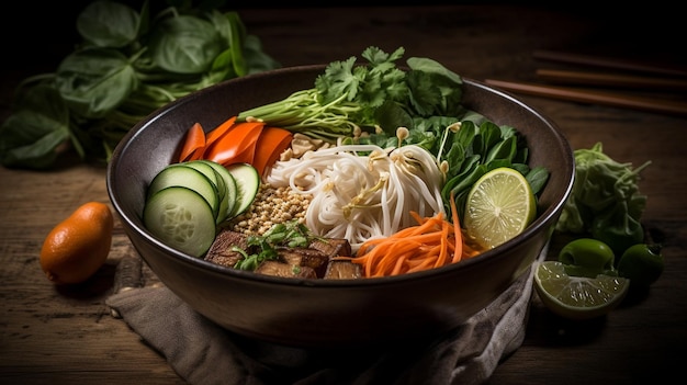 Un tazón de pho con pepino, zanahorias y pepino.