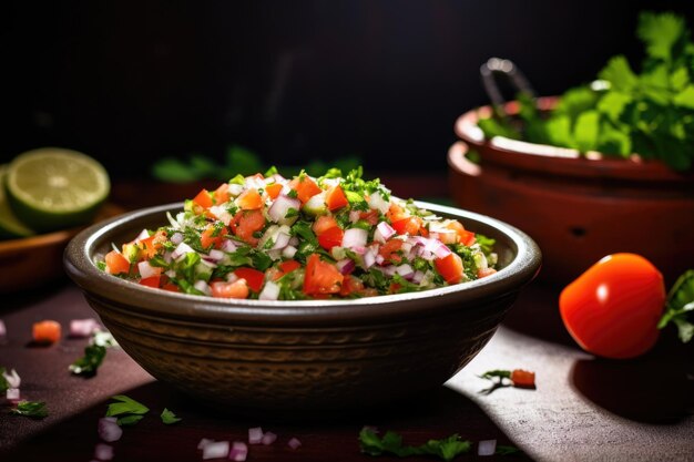 Un tazón de pico de gallo recién hecho con cuñas de lima