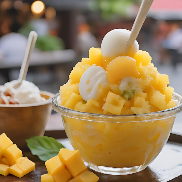 Foto un tazón de piña y mango con una cuchara en él