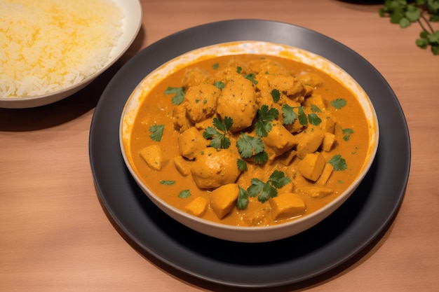 Un tazón de pollo al curry con arroz al lado.