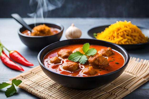 Un tazón de pollo al curry con una guarnición de arroz y un tazón de salsa de curry.