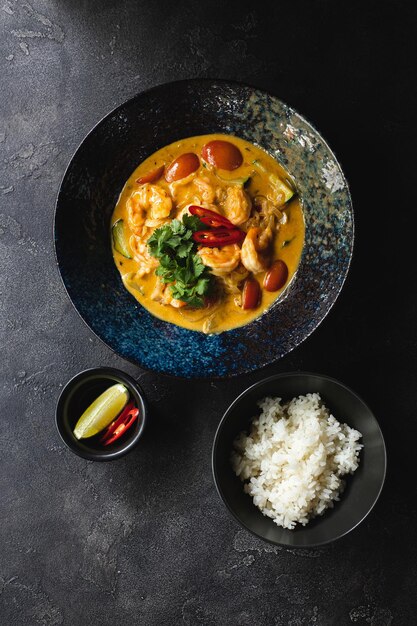 Foto un tazón de pollo al curry tailandés con arroz y un tazón de chile.