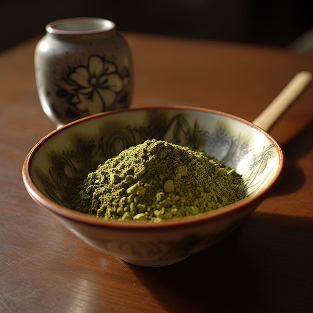 Un tazón de polvo de matcha se sienta en una mesa al lado de una taza.