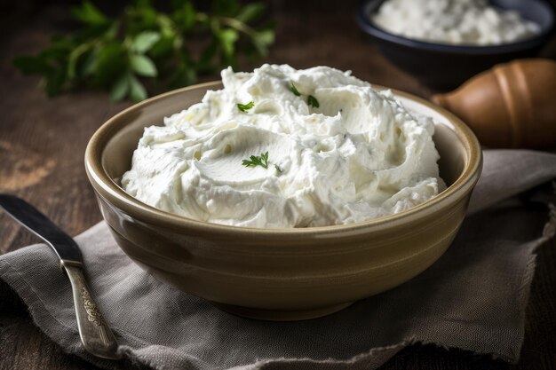 Foto tazón de queso crema casero bajo en grasa para untar