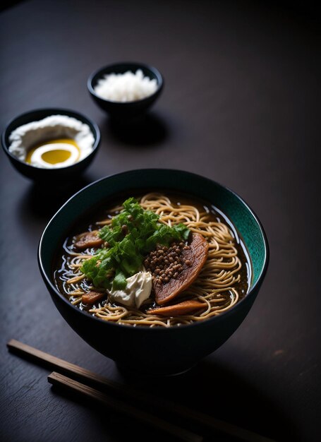 Un tazón de ramen con una guarnición verde encima.