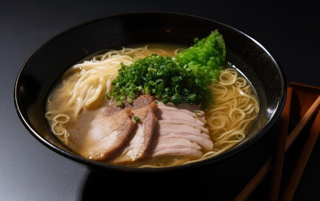 Un tazón de ramen con una guarnición verde en la parte superior.