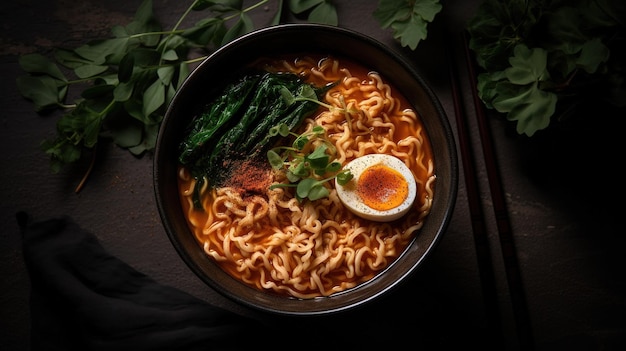 Un tazón de ramen con un huevo encima