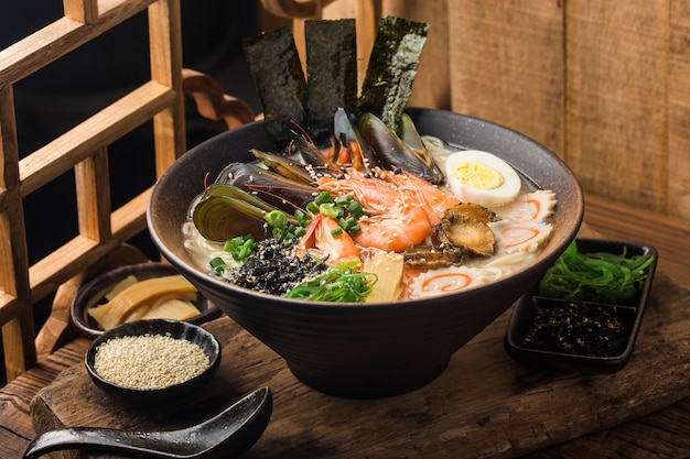 Un tazón de ramen de mariscos japoneses