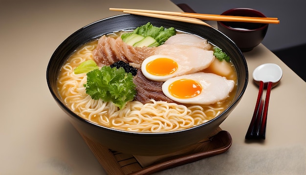 Foto un tazón de ramen con palillos y un tazó de fideos