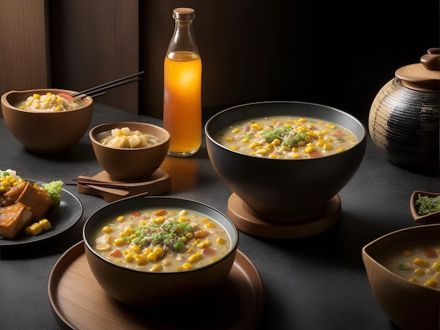 Foto un tazón reconfortante de sopa de maíz enriquecida con miso y mirin ai generativo