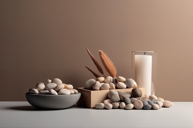 Tazón de rocas y un vaso de leche sobre una mesa de madera IA generativa