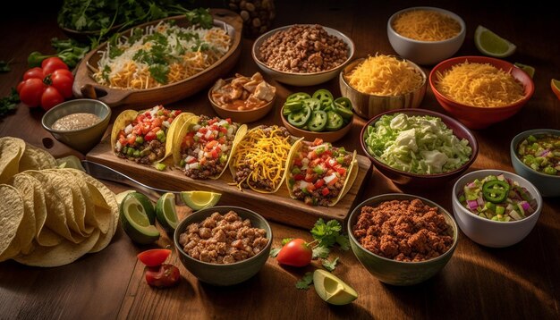 Un tazón rústico de guacamole casero con chips de tortilla multicolor generados por IA